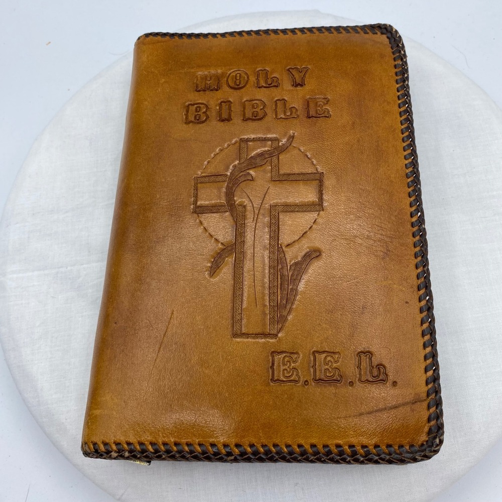 Vintage Tooled Leather Bible Cover Tan Initials EEL Cross Religious Faith Prayer